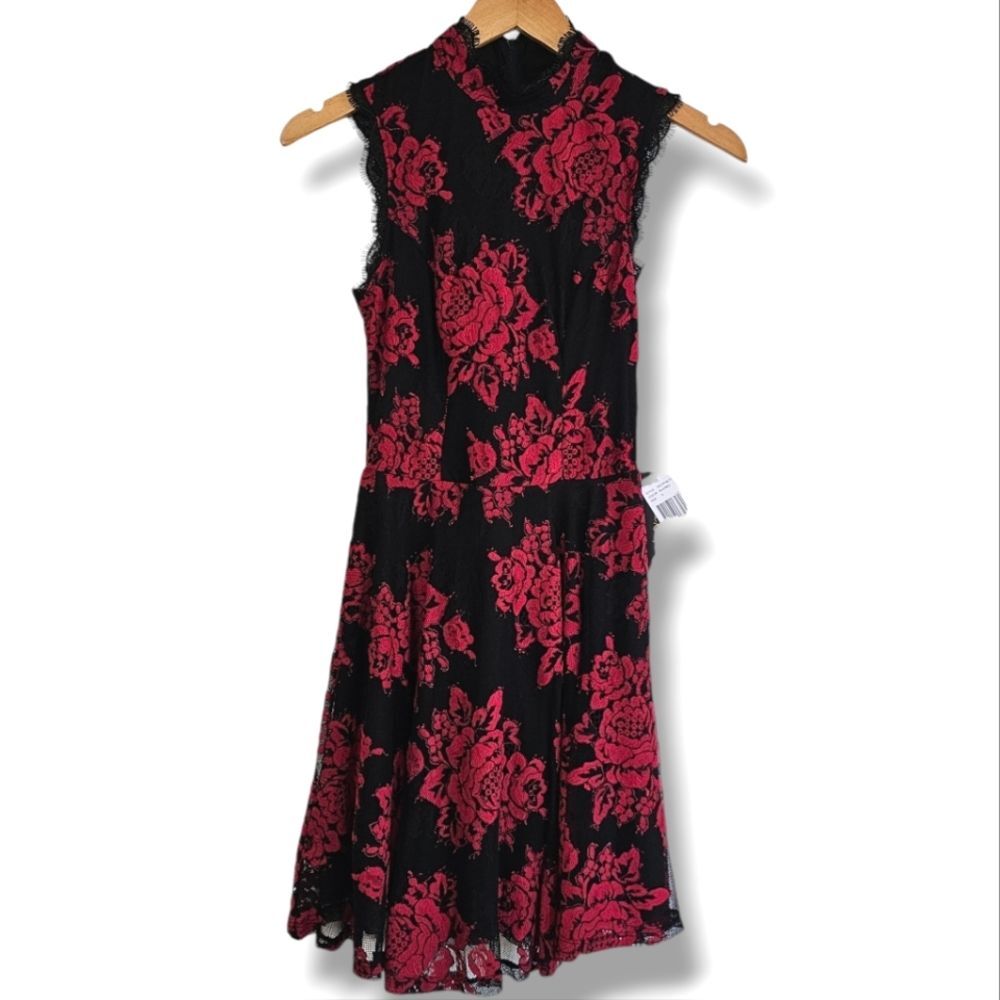 Jodi Kristopher Cocktail Dress 0‎ Red Black Lace Rose Sexy Whimsygoth Dark Fairy